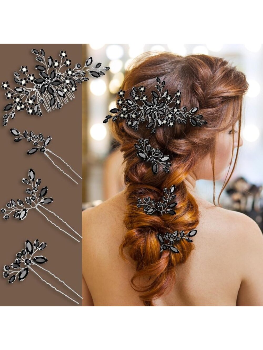 Women's Black Rhinestone Copper Bridal Headpiece Floral SOLID Hair Clips